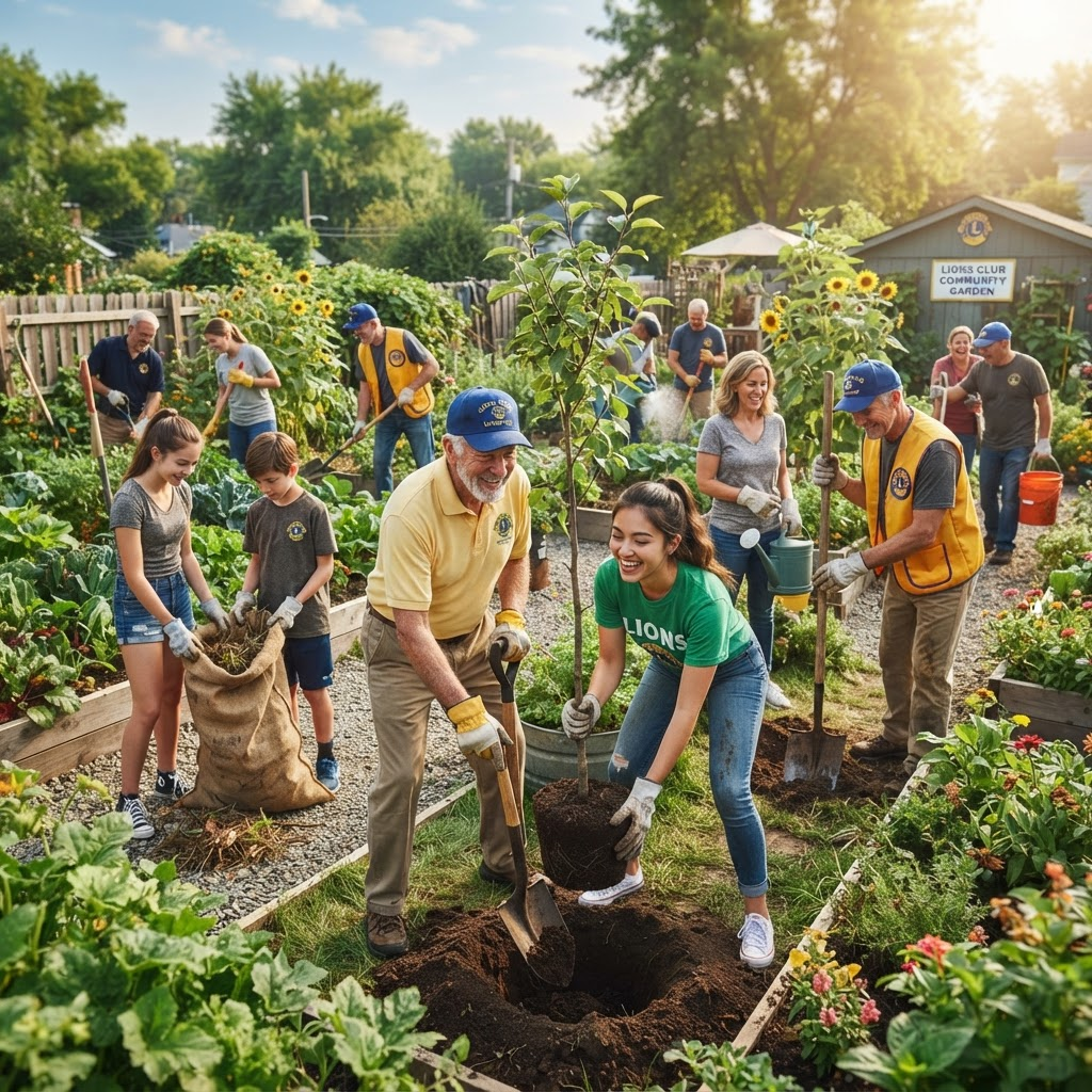 Lions volunteers planting trees and cleaning a community garden together